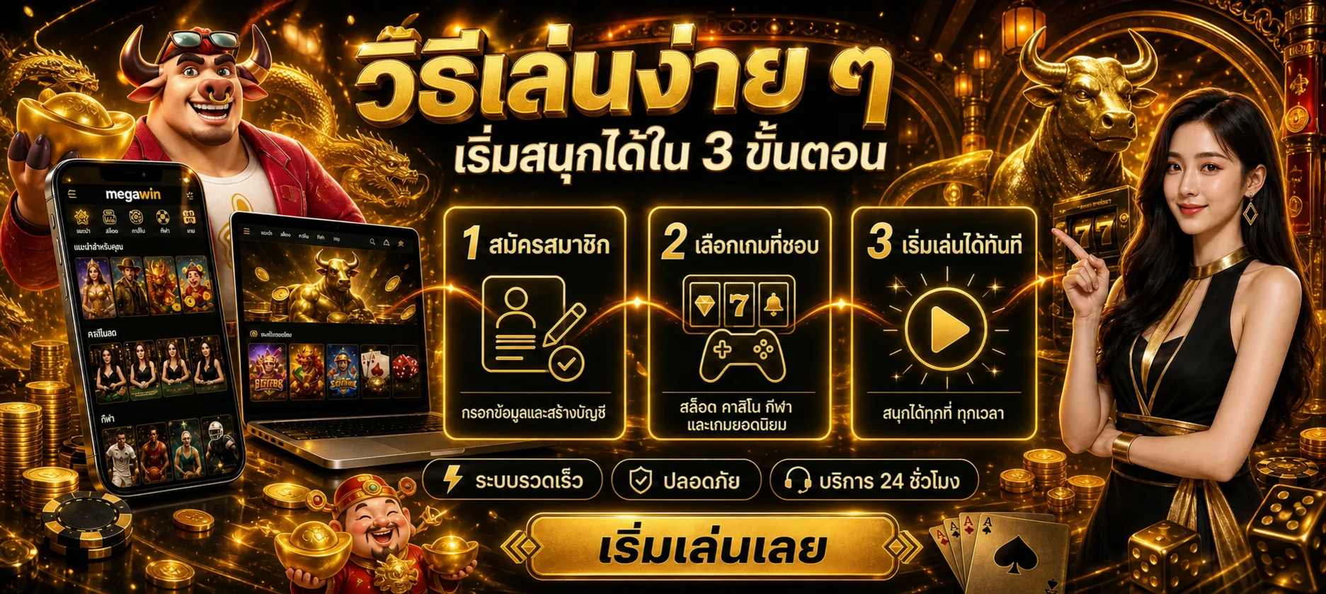 ขั้นตอนสมัครและเลือกเกม megawin บนโทรศัพท์และคอมพิวเตอร์